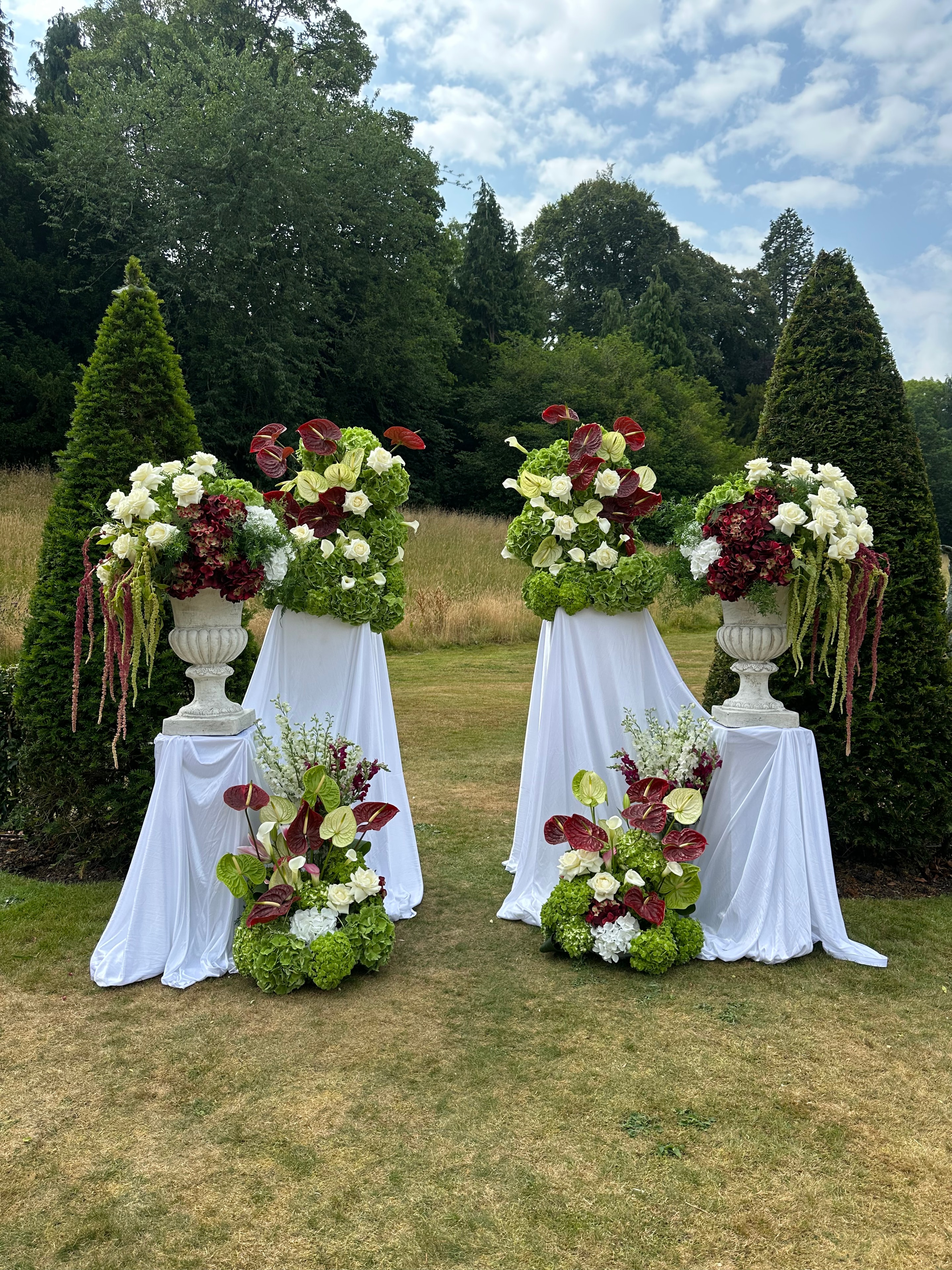 Wedding party bouquets in garden setting