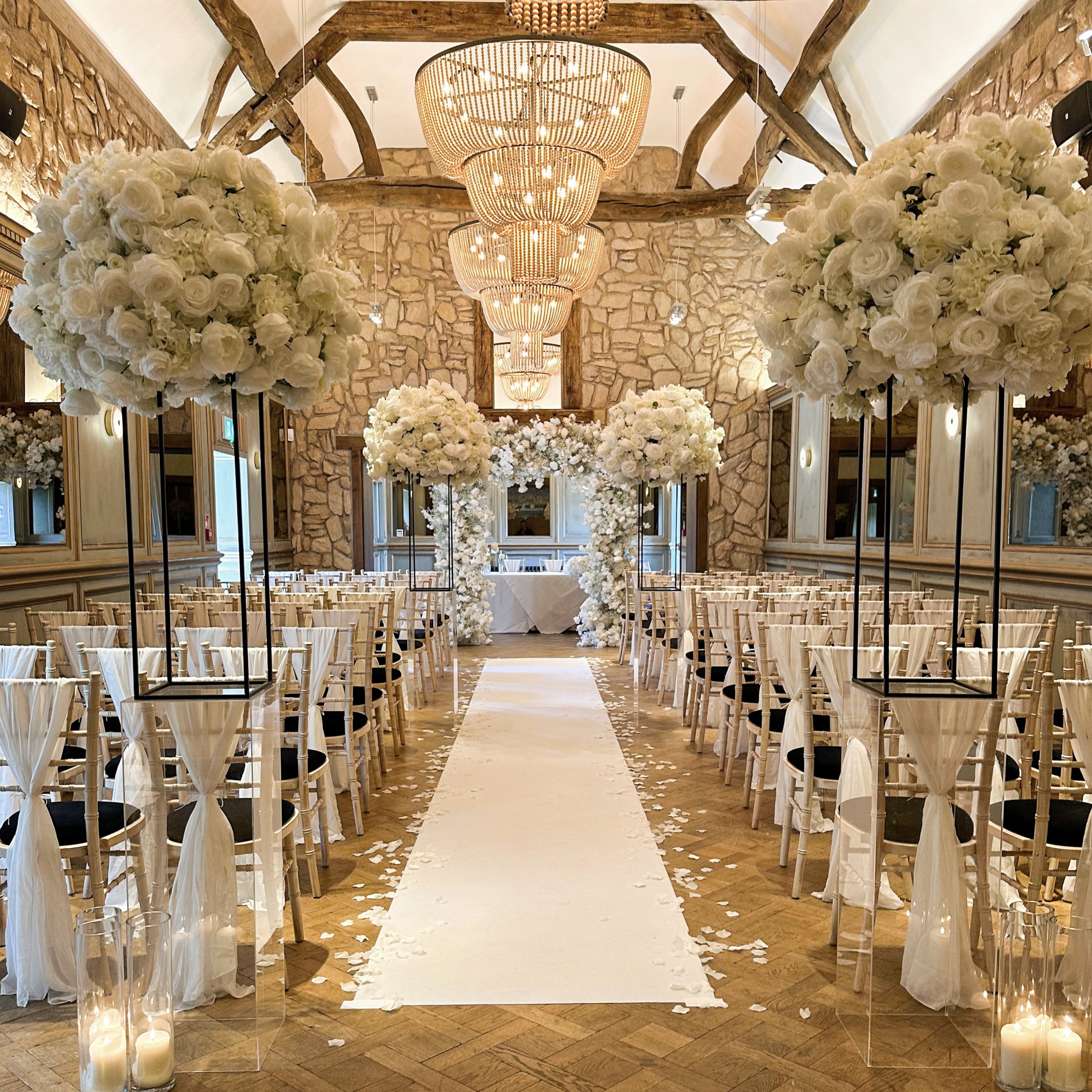 Elegant wedding venue floral arrangements